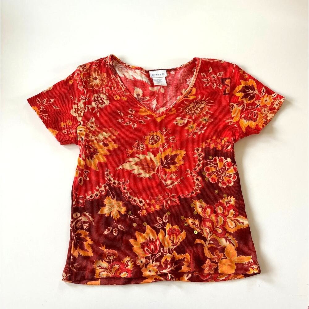 Pierre Cardin Women's Medium Top Y2k Sequin Floral Leaves Art To Wear Ribbed